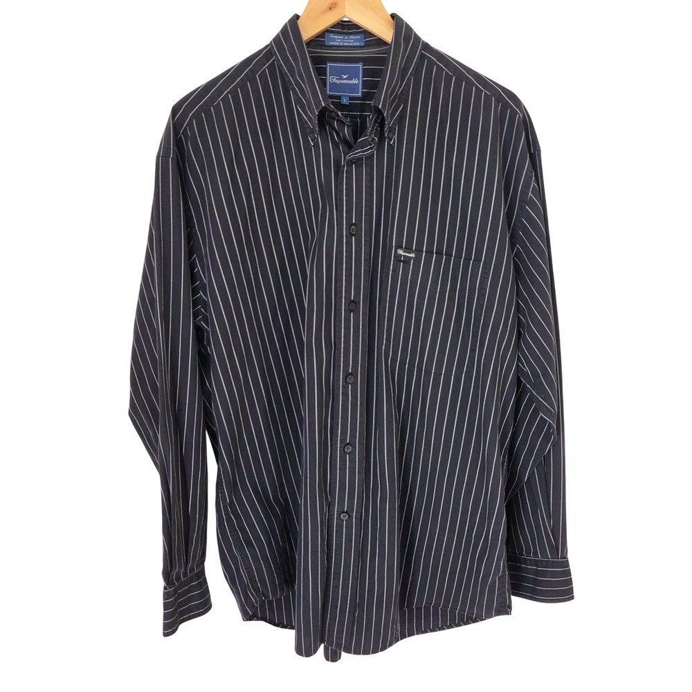 Faconnable Mens Black Charcoal White Pinstripe Cotton Button Down Shirt Large L